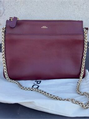 A.P.C. Burgundy Leather Crossbody with Gold Chain